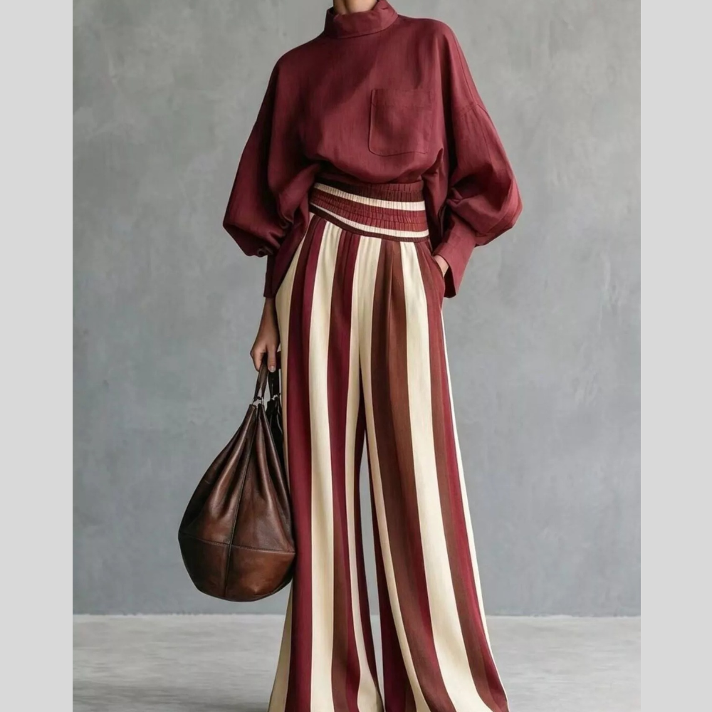 Full Size Mock-Neck Blouse and Striped Wide-Leg Trouser Set Plus Size