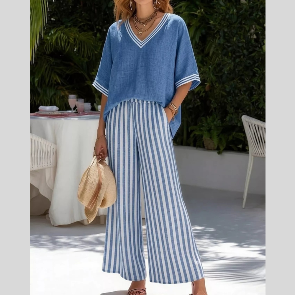 Full Size V-Neck Striped Top and Pants Two-Piece Set Plus Size