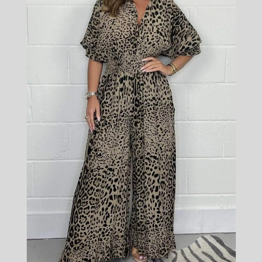 Full Size Leopard Print V-Neck Wide-Leg Jumpsuit Plus Size