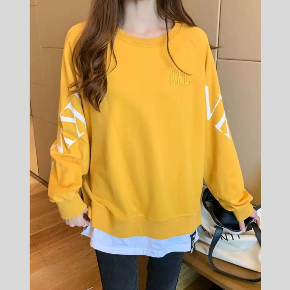 Crewneck Sweatshirt with Layered Hem and Graphic Sleeve Detail