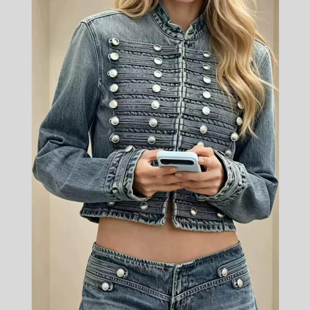Decorative Button Casual Cropped Denim Jacket