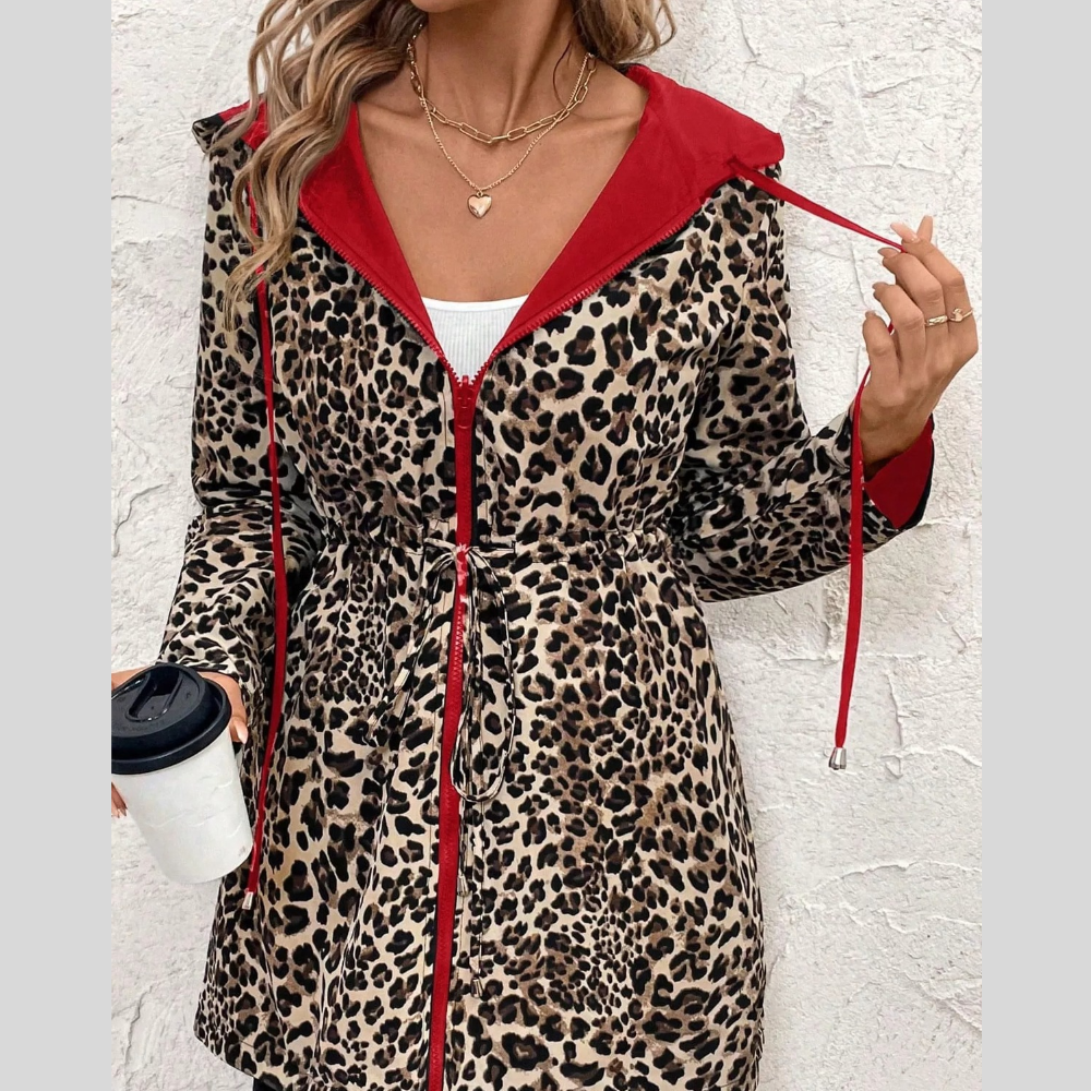 Leopard Print Hooded Drawstring Waist Outerwear