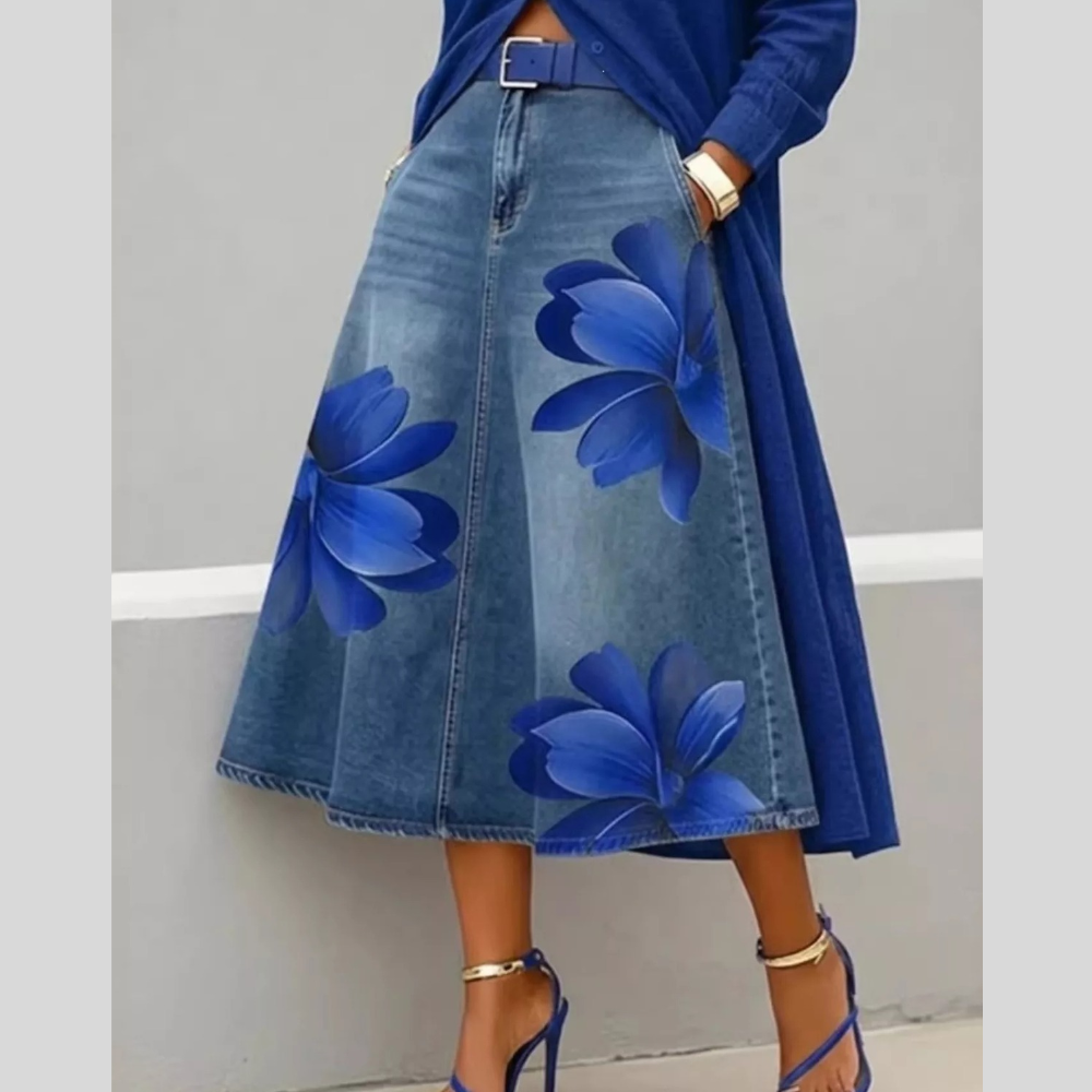 Full Size Floral Print A-Line Midi Skirt Plus Size