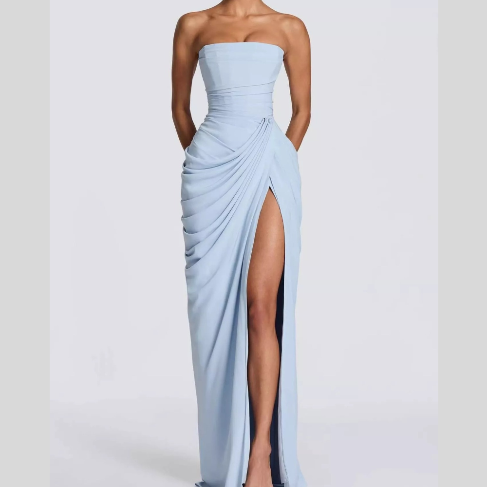 Elegant Strapless Ruched High-Slit Evening Dress
