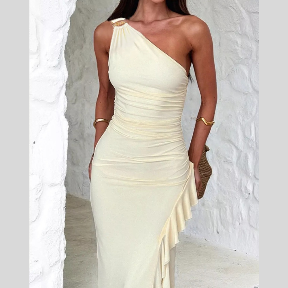One-Shoulder Ruched Ruffle Hem Maxi Dress