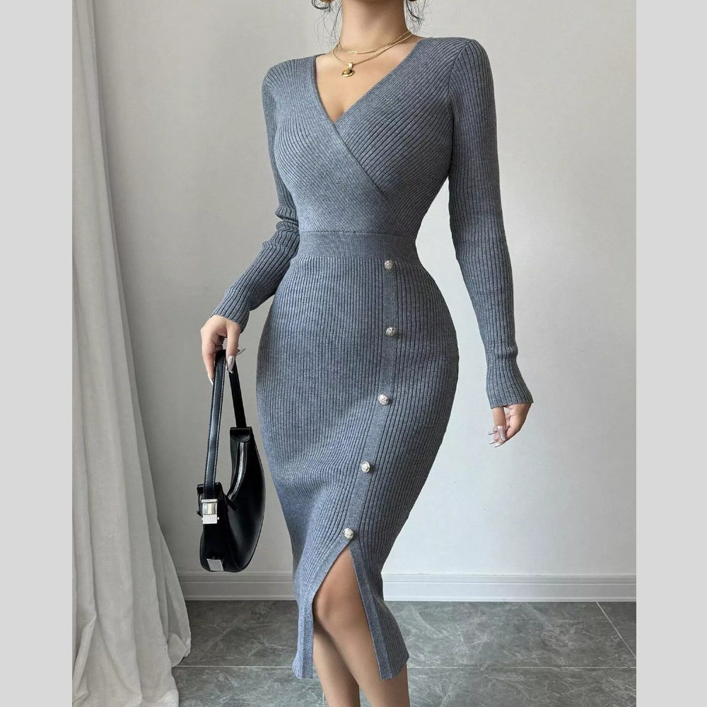 Decorative Button Ribbed Knit Sweater Dress