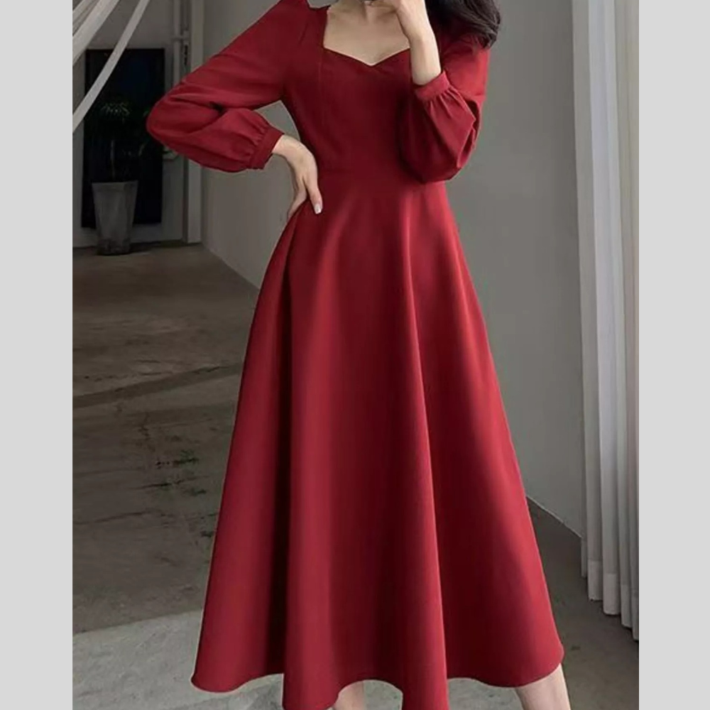 Full Size Long Sleeve A-Line Midi Dress Plus Size