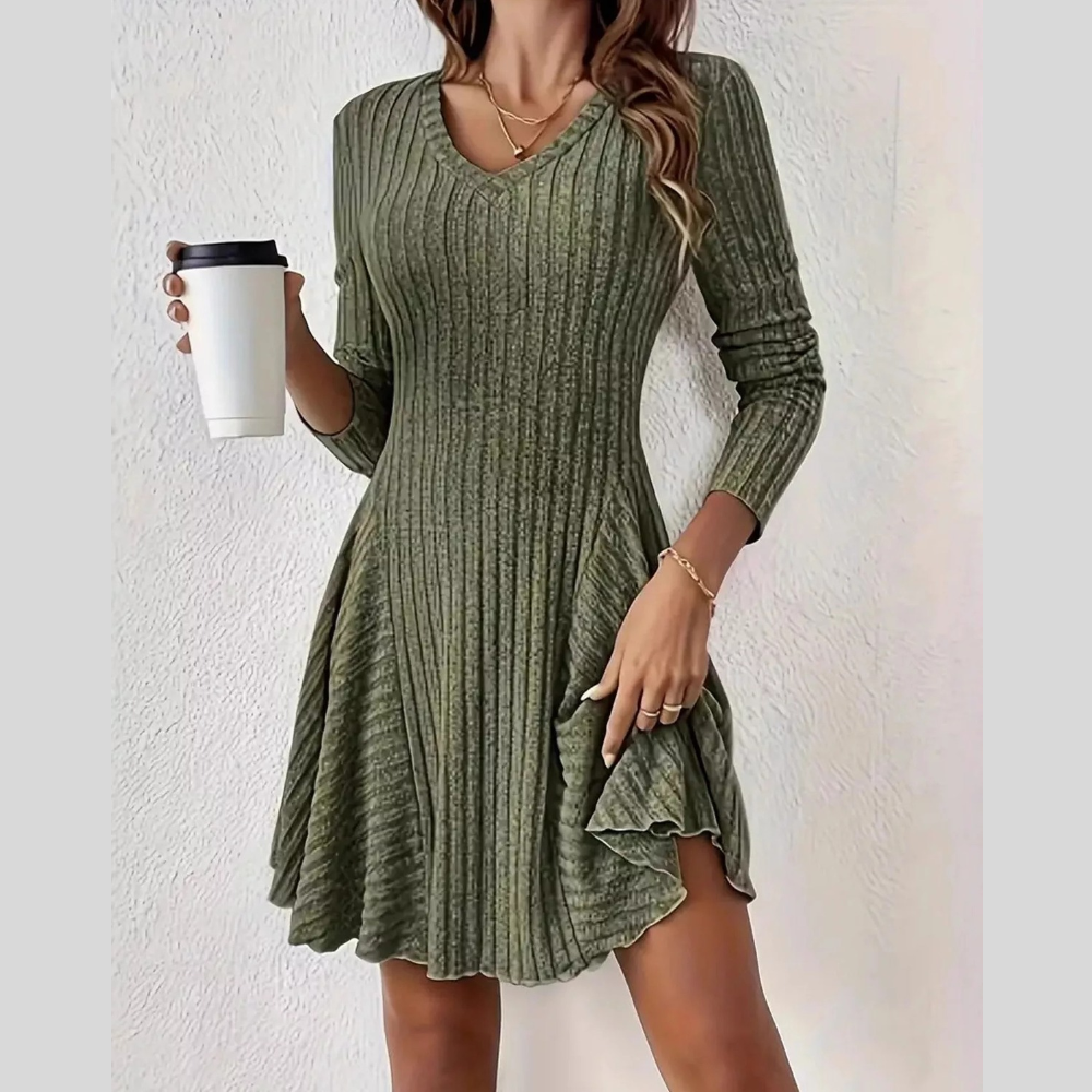 V-Neck Ribbed Knit A-Line Dress