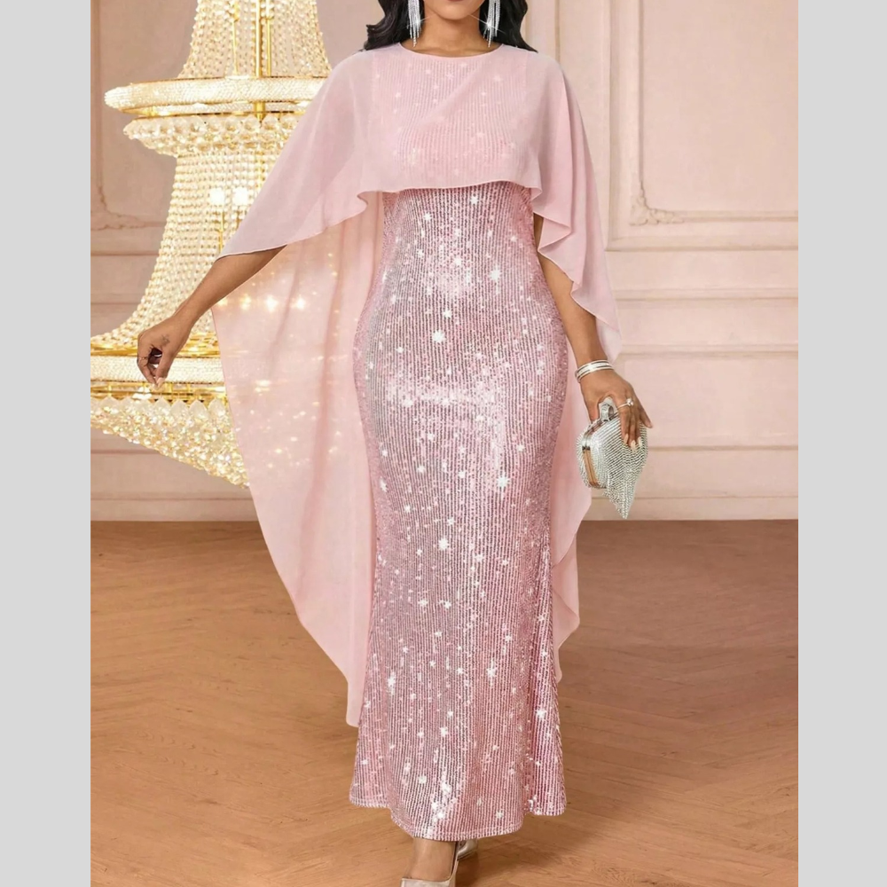 Sequin Cape Overlay Evening Dress