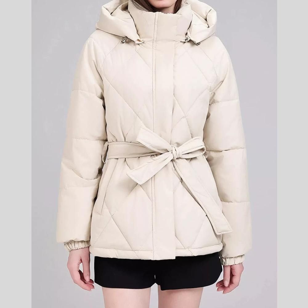 Quilted Waist Belt Hooded Puffer Outerwear