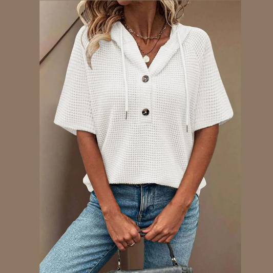 Drawstring Waffle-Knit Short Sleeve Hooded Top