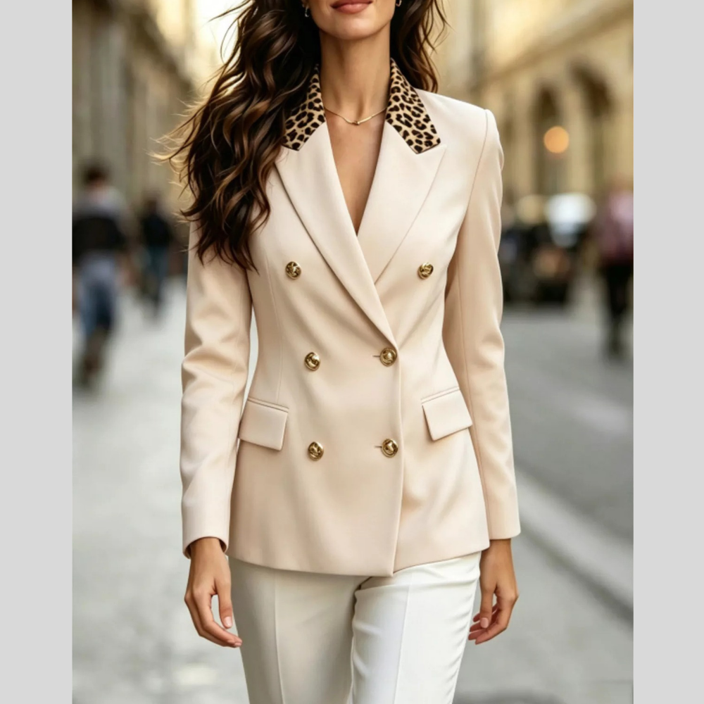 Double-Breasted Blazer with Leopard Print Lapel