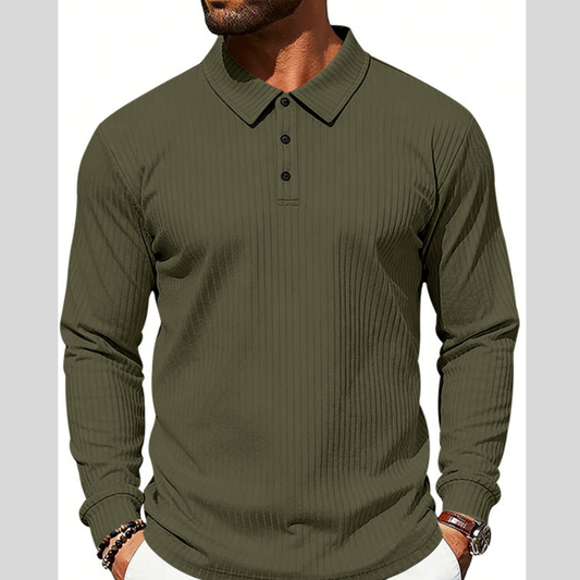 Men's Full Size Ribbed Long Sleeve Polo with Button Detail Plus Size