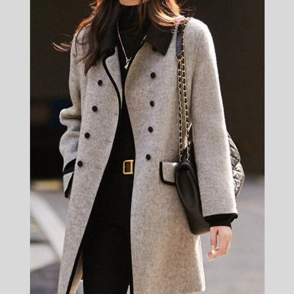 Plus Size Double-Breasted Coat with Contrast Trim