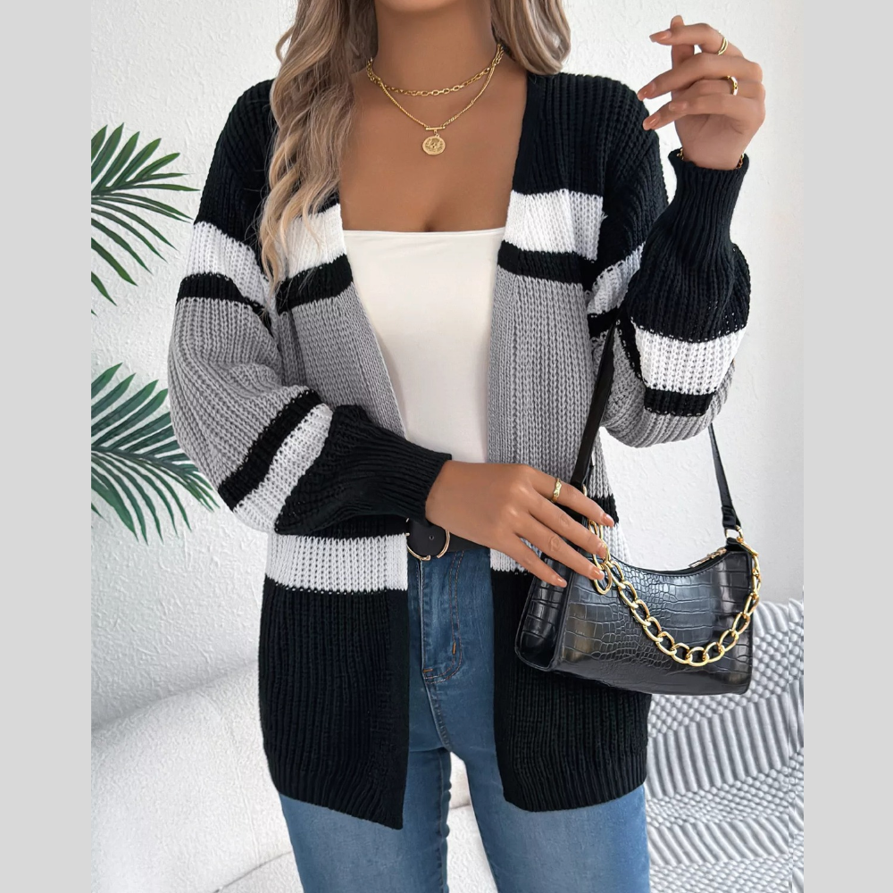 Color Block Open Front Knit Cardigan