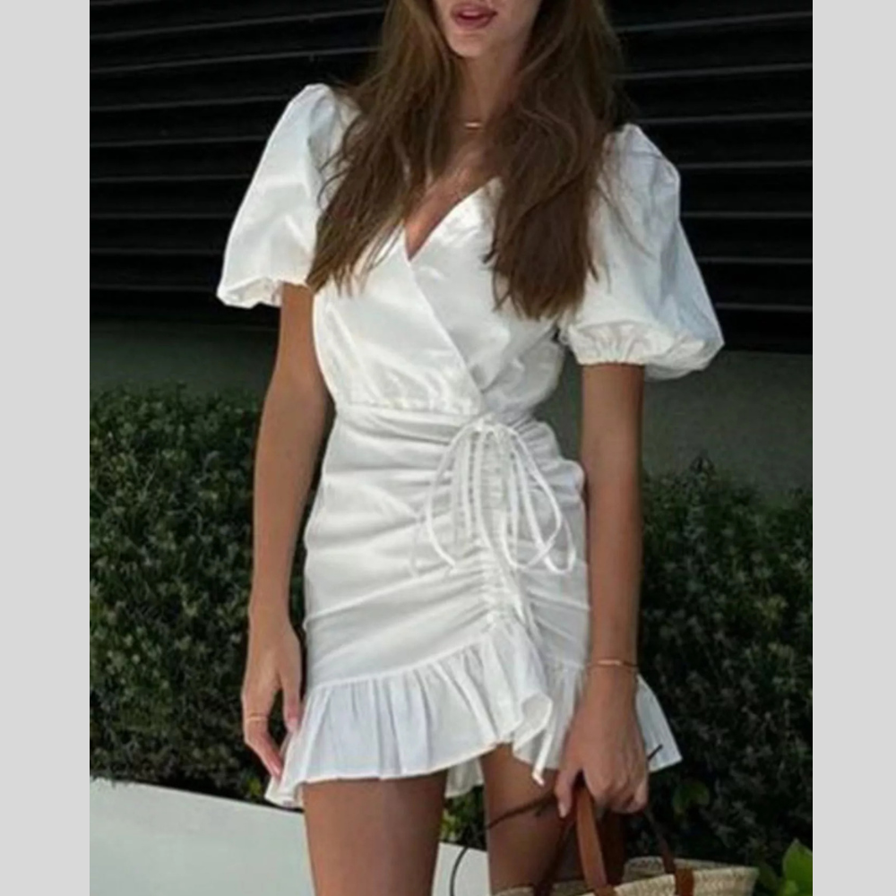 Ruffled Hem Ruched Puff Sleeve Mini Dress