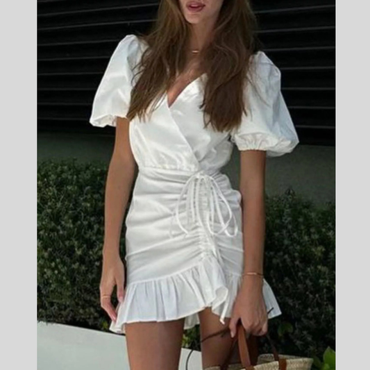 Ruffled Hem Ruched Puff Sleeve Mini Dress
