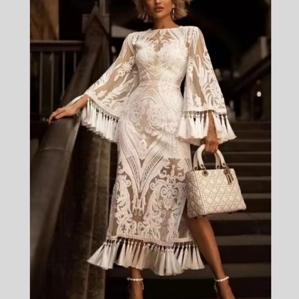 Full Size Tassel Hem Lace Flare Sleeve Dress Plus Size
