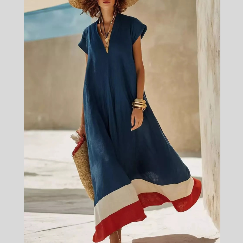 Color Block Hem V-Neck Maxi Dress