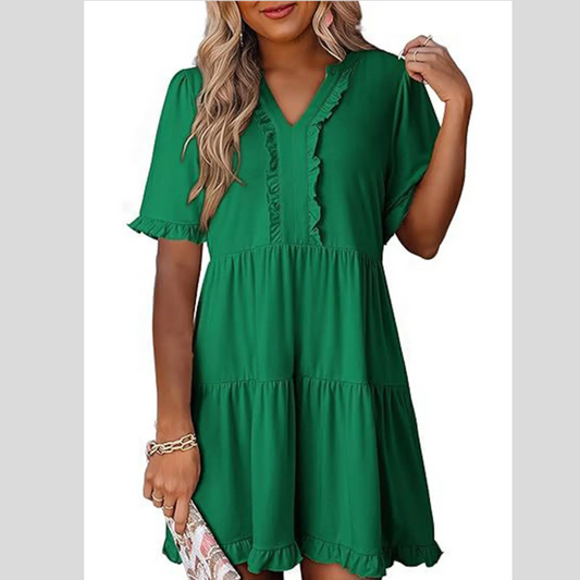 Tiered Notched Short Sleeve Mini Dress