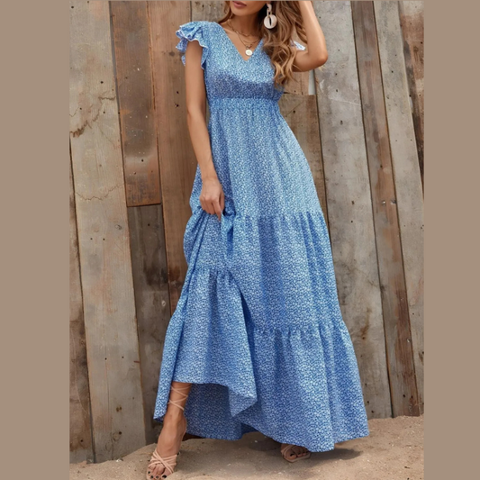 Printed V-Neck Ruffled Cap Sleeve Maxi Dress