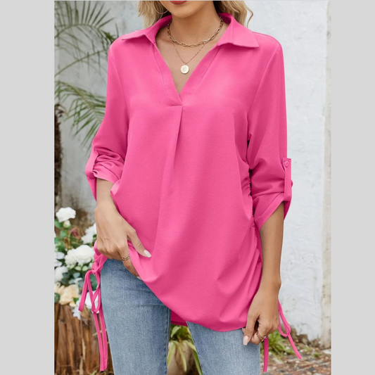 Drawstring Johnny Collared Three-Quarter Sleeve Top