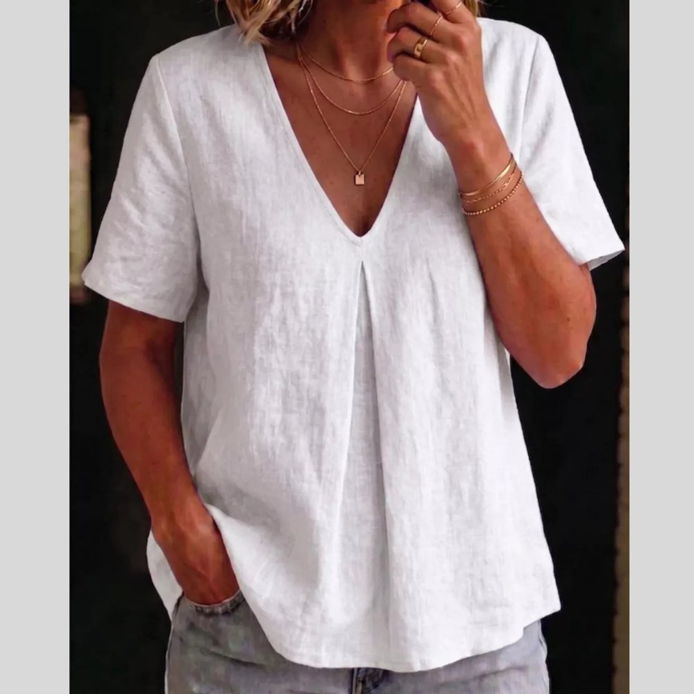 Full Size V-Neck Pleated Short Sleeve Blouse Plus Size