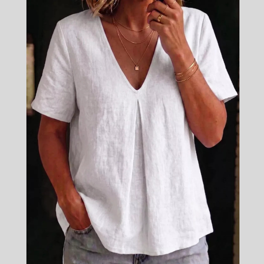 Full Size V-Neck Pleated Short Sleeve Blouse Plus Size