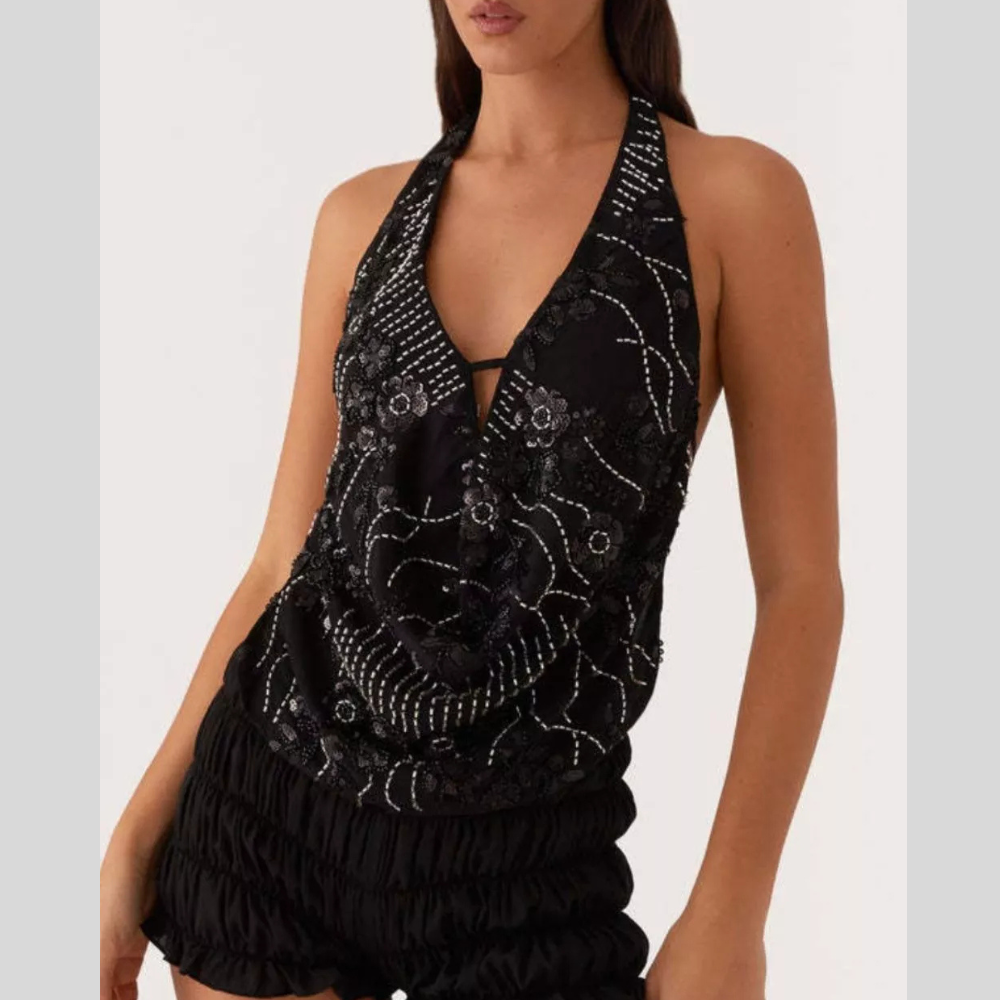 Bead Embellished Halter Neck Tank