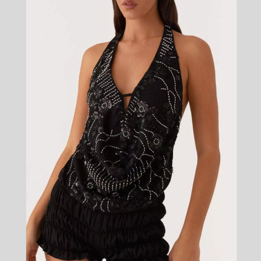Bead Embellished Halter Neck Tank