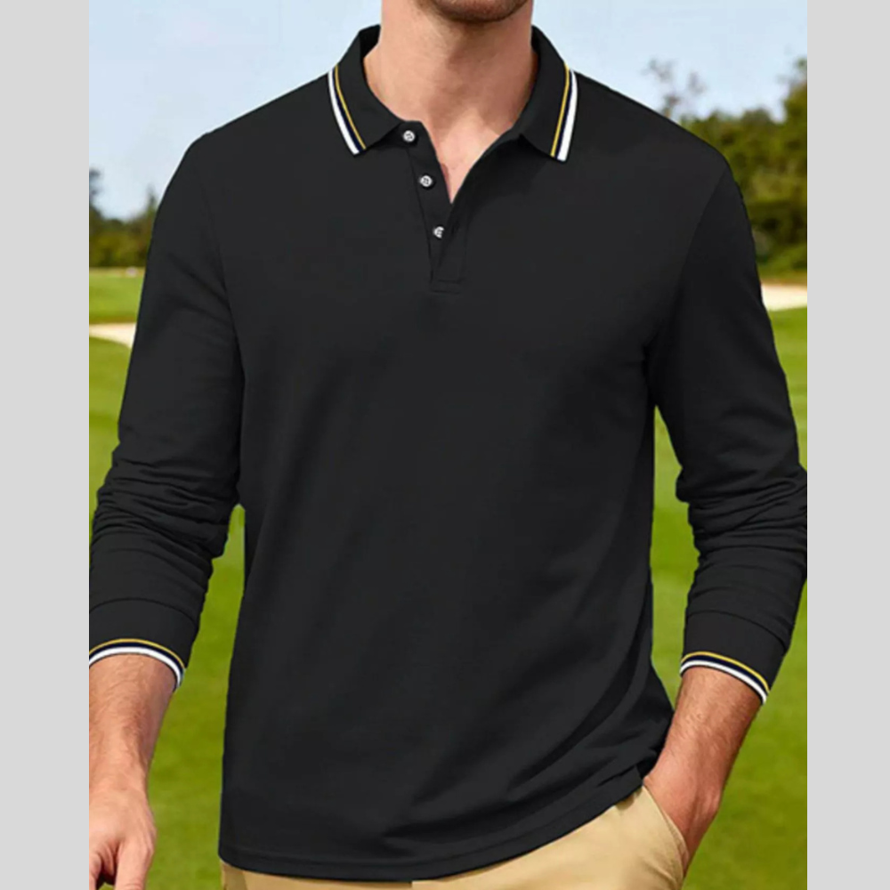 Men's Full Size Classic Long-Sleeve Polo with Striped Collar Plus Size