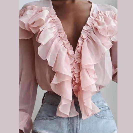 Ruffled V-Neck Long Sleeve Blouse