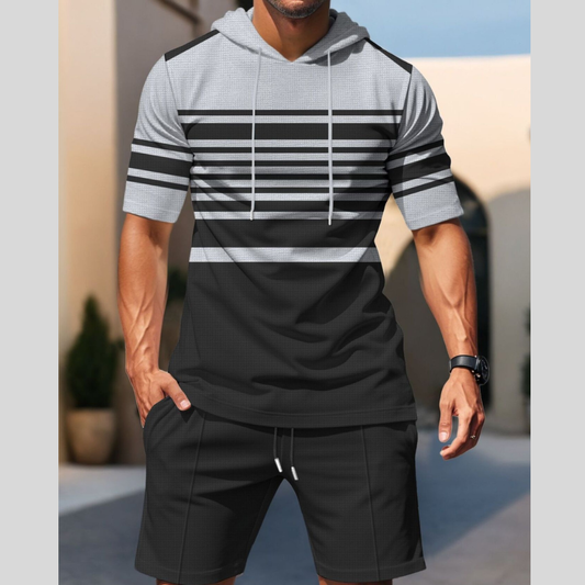 Men's Full Size Striped Short Sleeve Hoodie and Shorts Set Plus Size