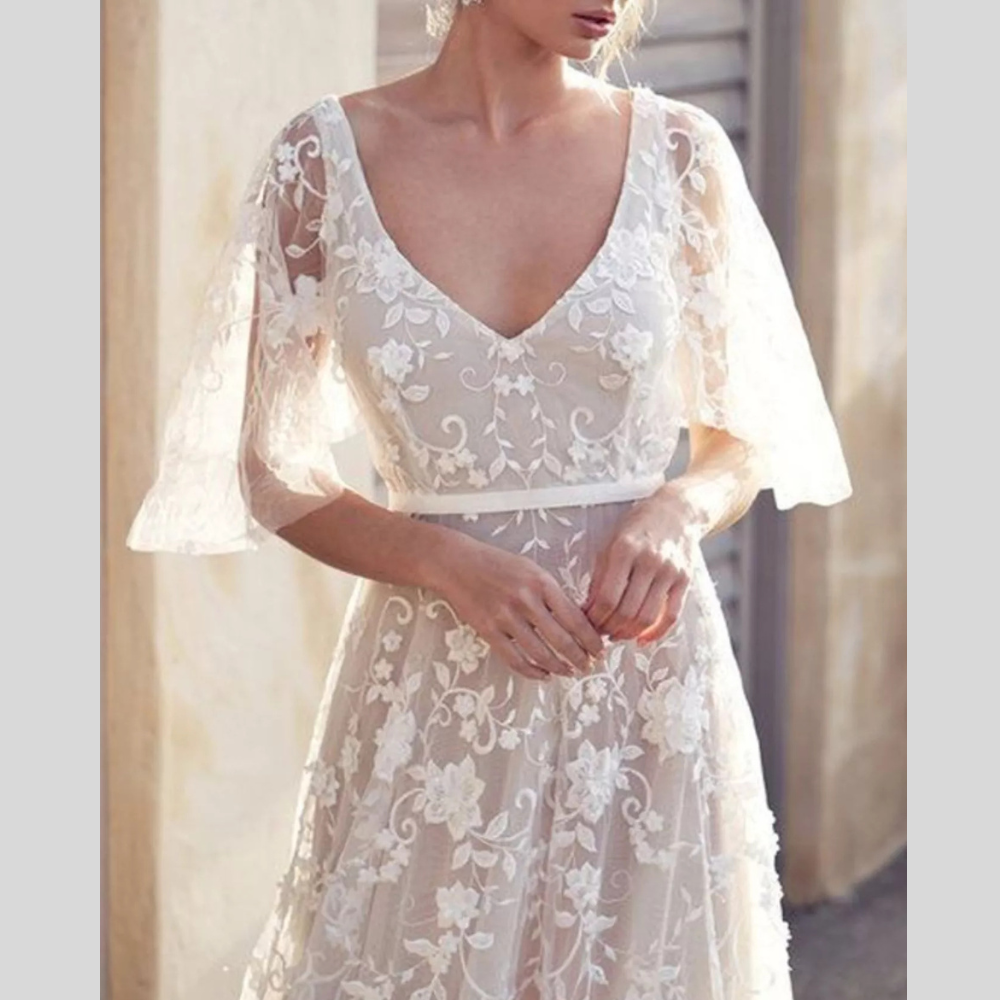 Full Size Lace Flutter Sleeve V-Neck Dress Plus Size