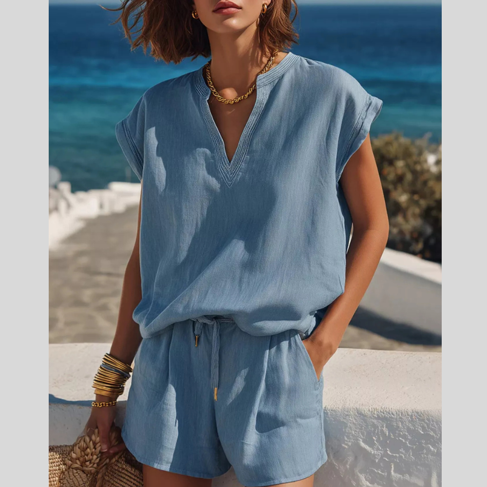 Full Size Notched Cap Sleeve Top and Shorts Set Plus Size