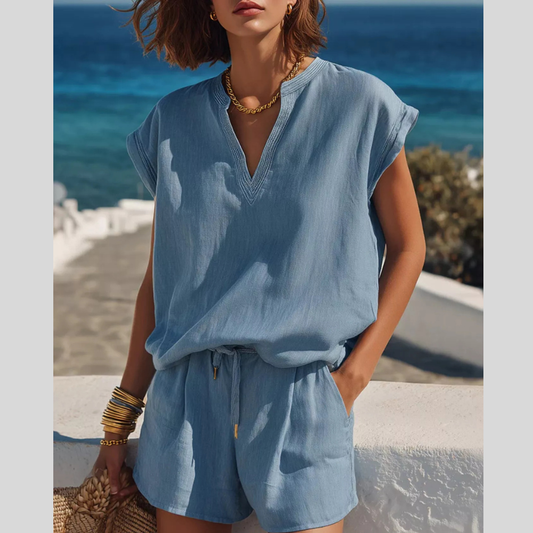 Full Size Notched Cap Sleeve Top and Shorts Set Plus Size