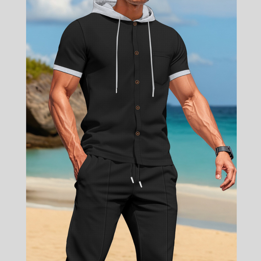 Men's Full Size Short-Sleeve Hooded Top and Shorts Set Plus Size