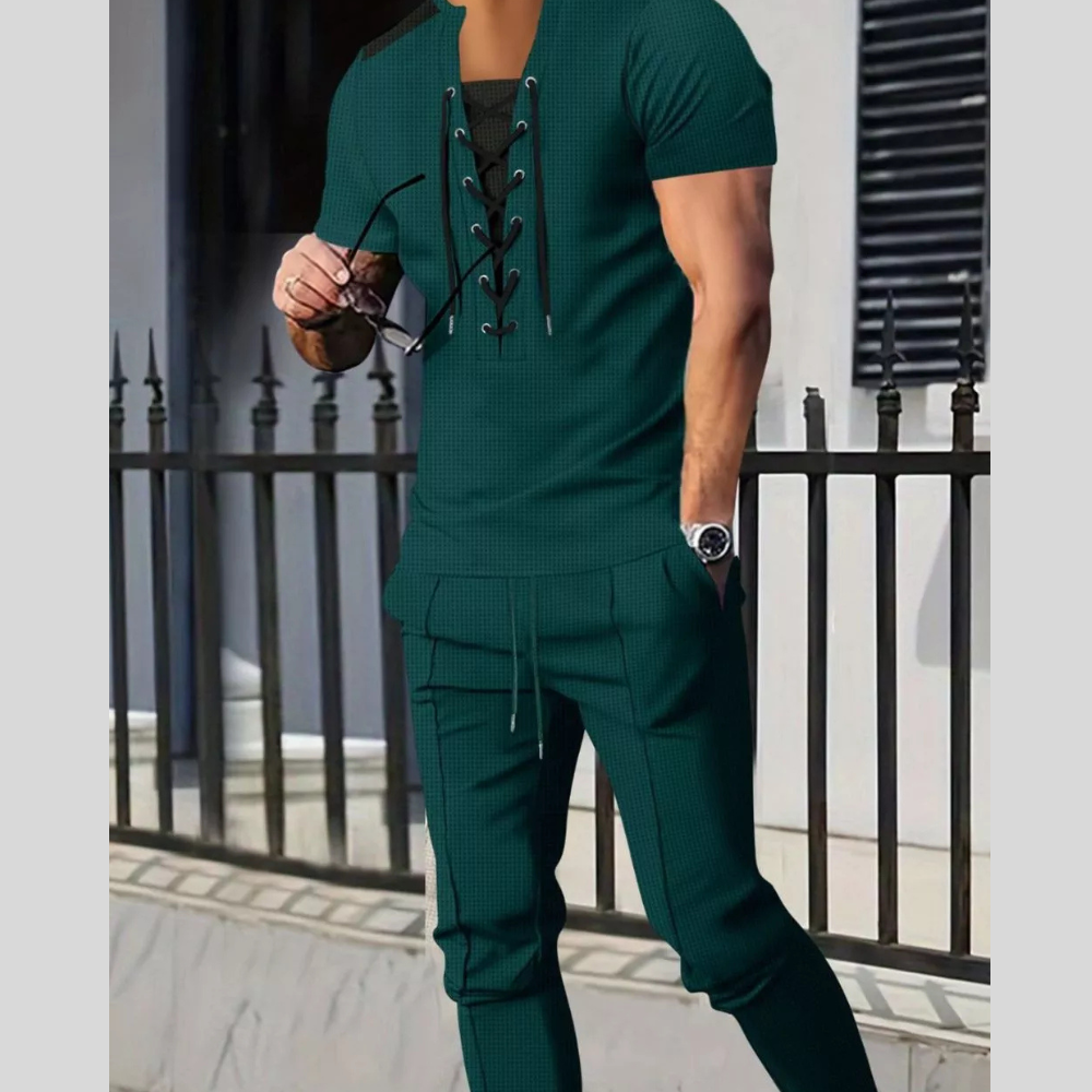 Men's Full Size Lace-Up Front Top and Pants Casual Set Plus Size
