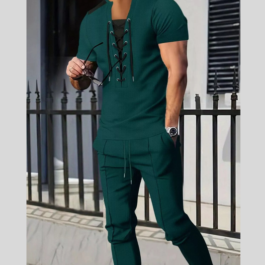 Men's Full Size Lace-Up Front Top and Pants Casual Set Plus Size