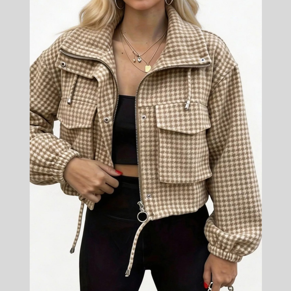 Plaid Cropped Zip-Up Jacket