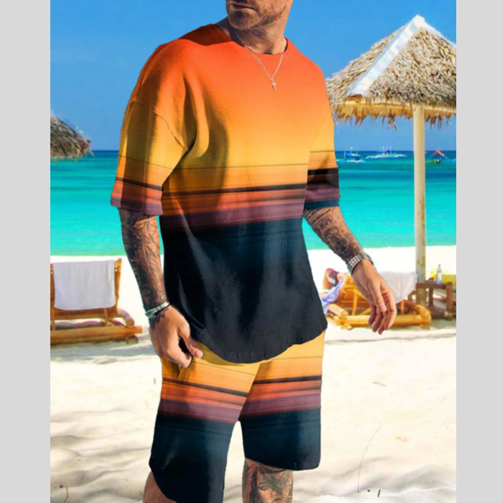 Men's Full Size Printed Casual Short Sleeve Tee and Shorts Set Plus Size