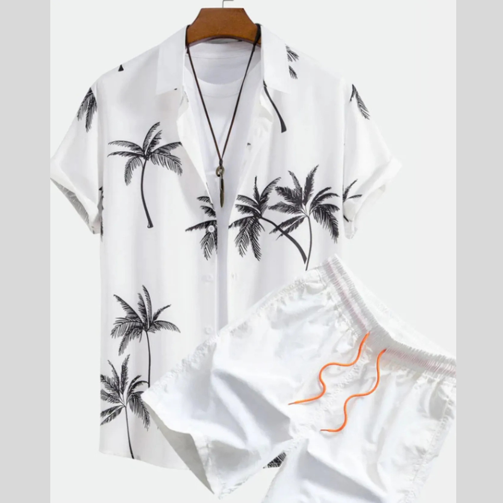 Men's Full Size Palm Tree Print Short Sleeve Shirt and Shorts Set Plus Size