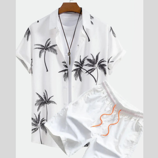 Men's Full Size Palm Tree Print Short Sleeve Shirt and Shorts Set Plus Size