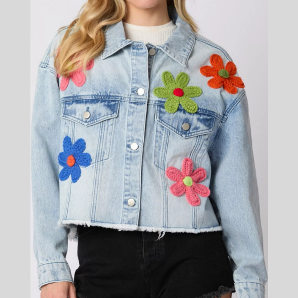 Applique Cropped Denim Jacket with Raw Hem