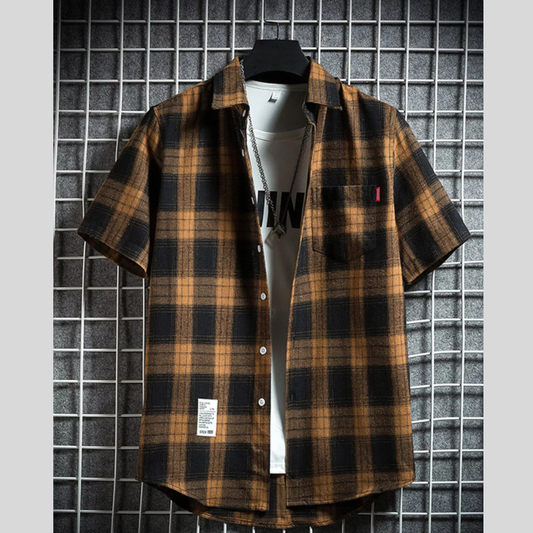 Men's Plus Size Plaid Button Up Short-Sleeve Shirt
