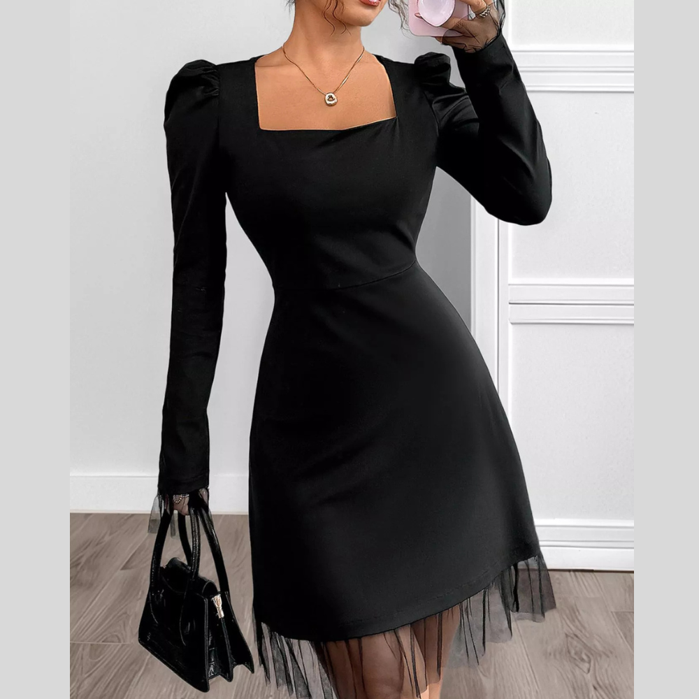 Square Neck Puff Sleeve Mesh Hem Dress
