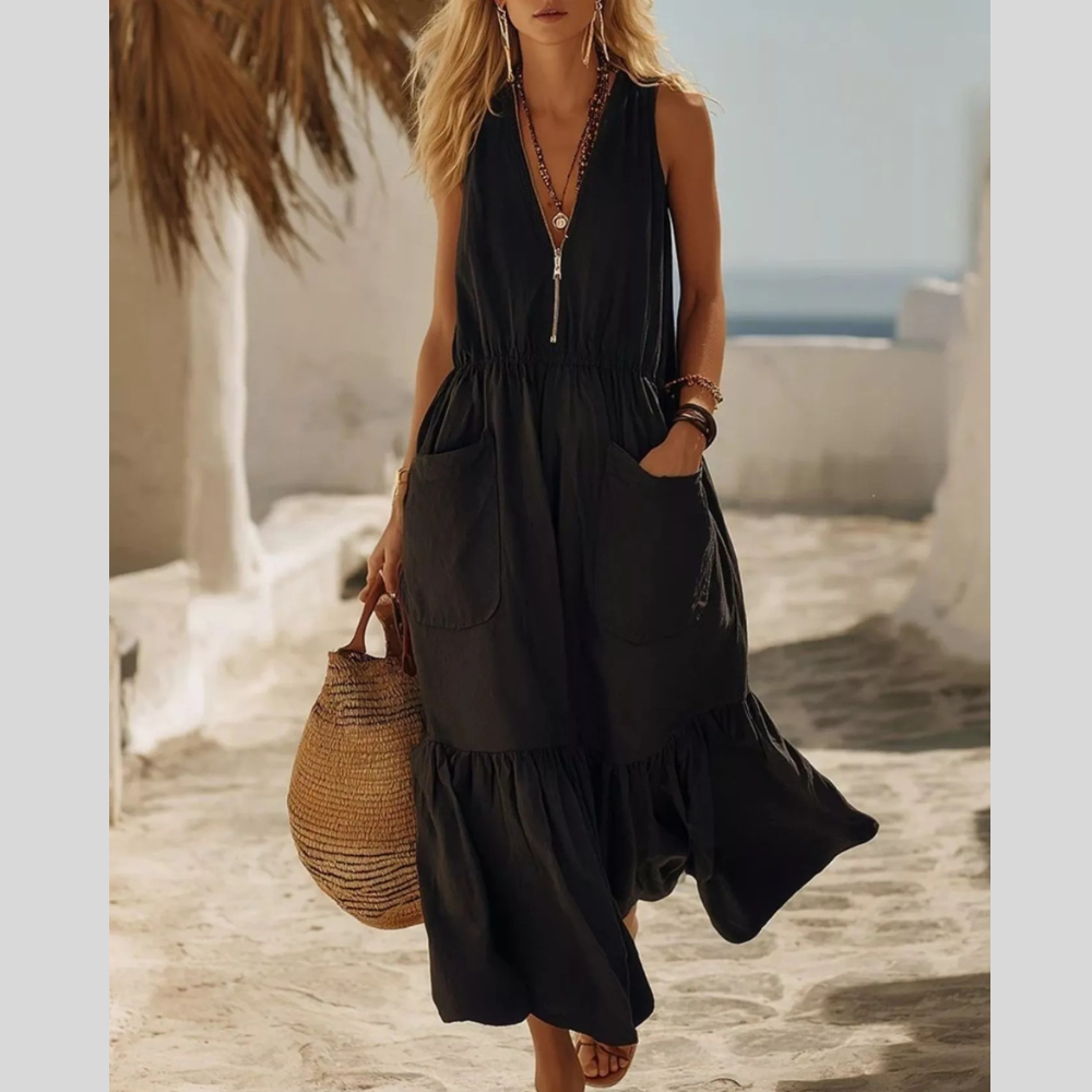 Full Size Sleeveless Zipper Front Pocket Ruffle Hem Maxi Dress Plus Size