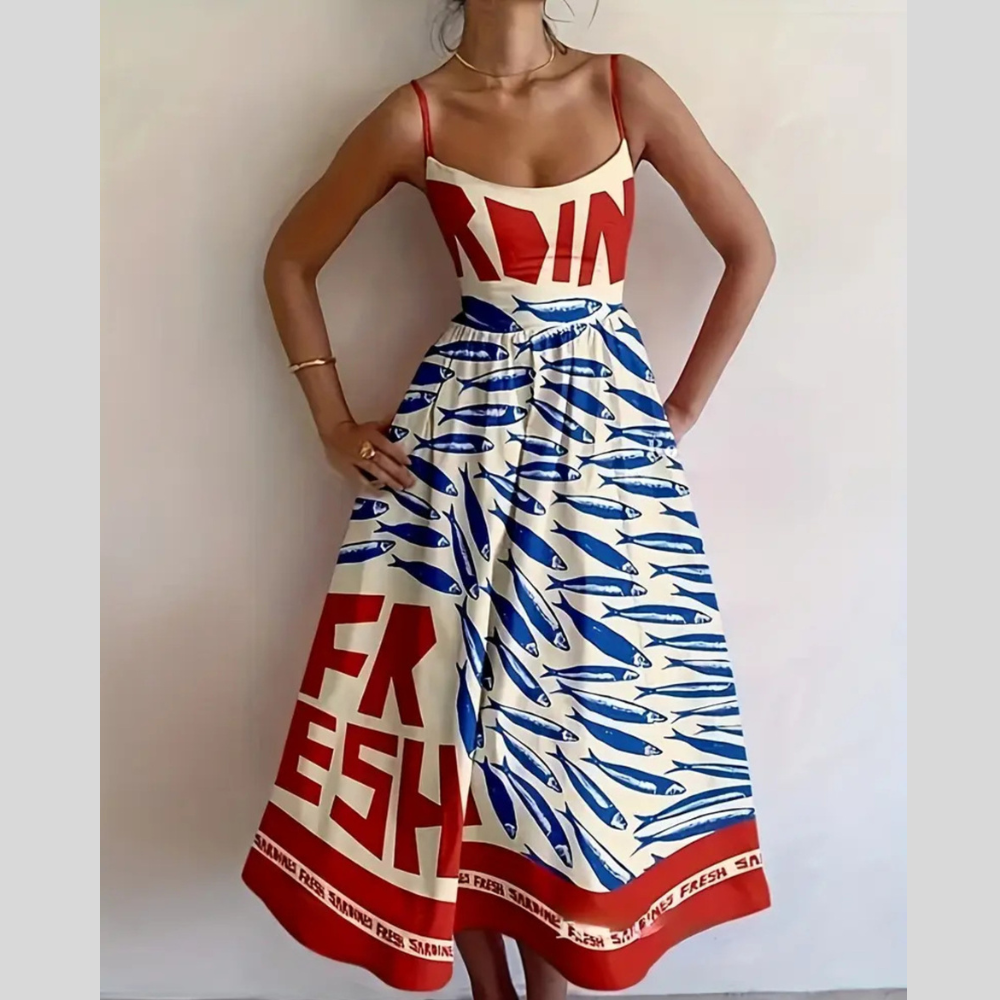 Sardine Print Spaghetti Strap Midi Dress