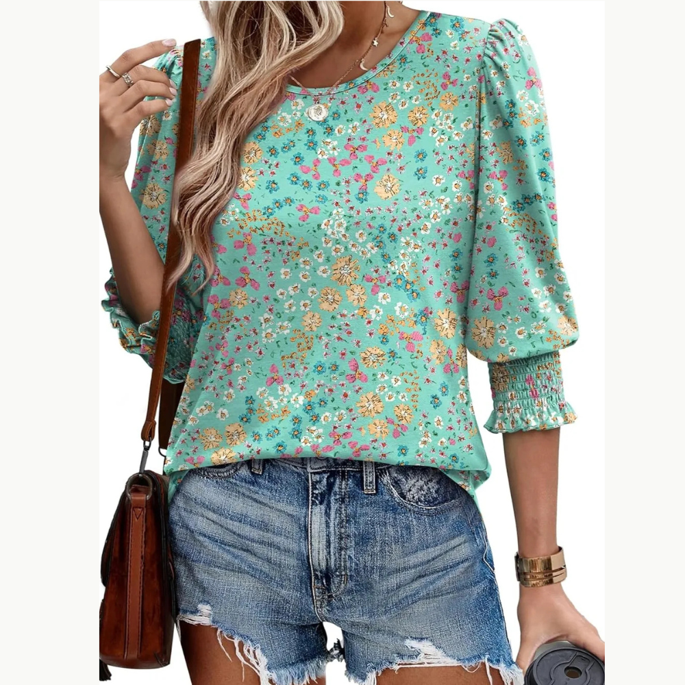 Printed Round Neck Three-Quarter Sleeve Blouse