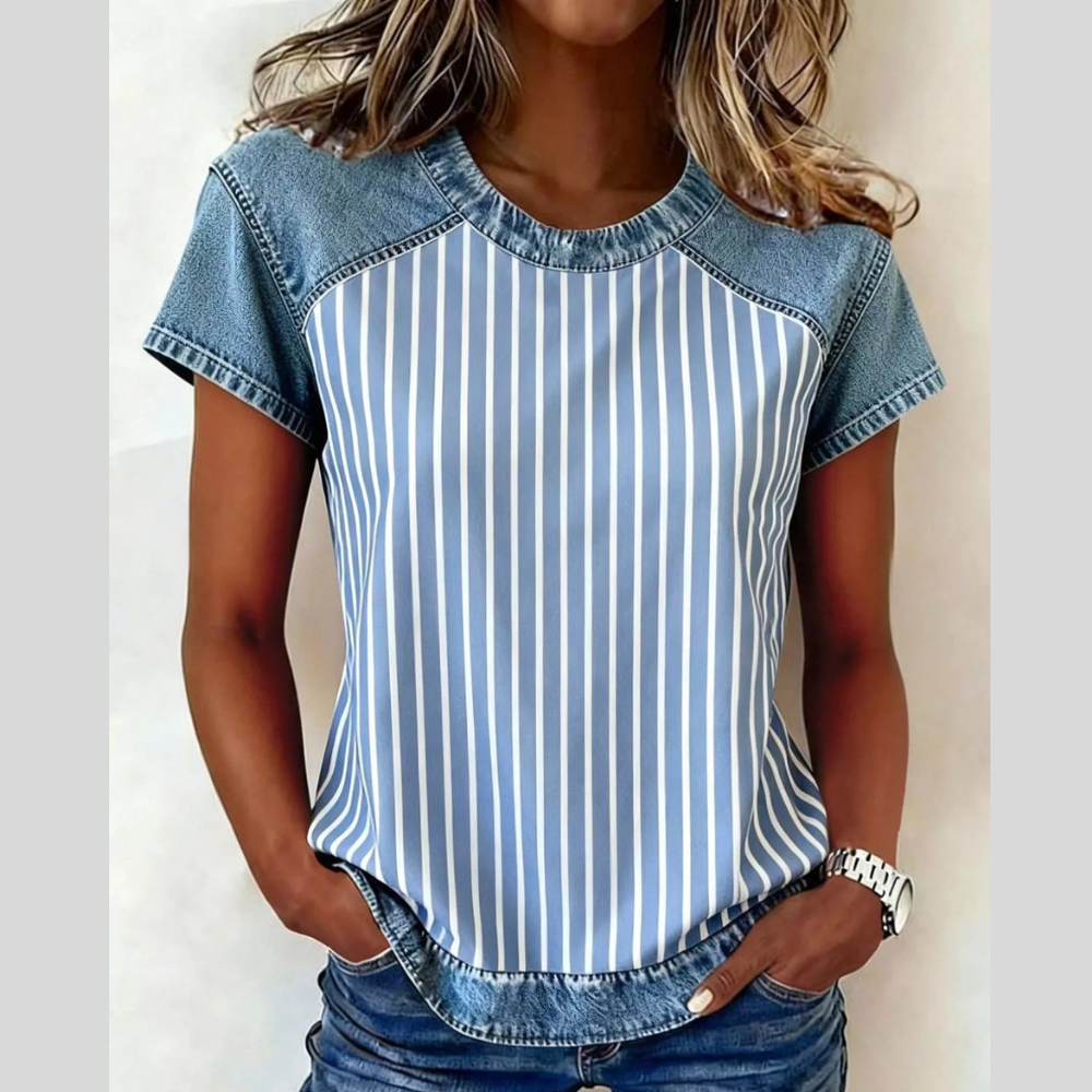 Denim Patchwork Short Sleeve Blouse